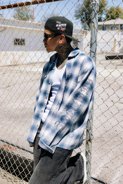 “DICE SHAKER” FLANNEL IN SUN-DRIED BLUE