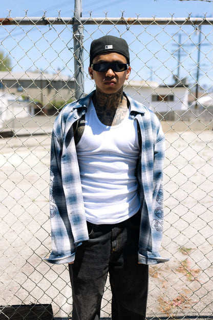 “DICE SHAKER” FLANNEL IN SUN-DRIED BLUE