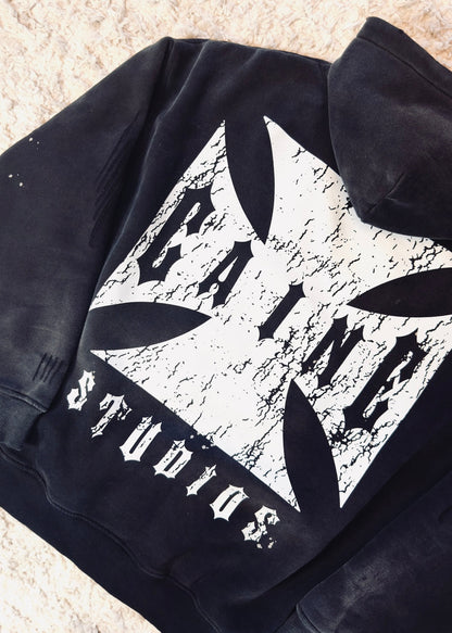 “CHOPPA” HOODIE IN DISTRESSED, FADED BLACK