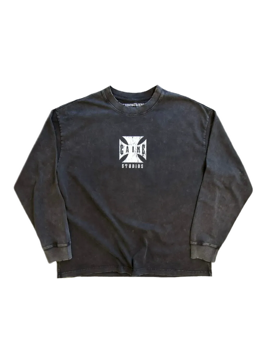 “CHOPPA” LONG SLEEVE TEE IN STONE-WASHED BLK