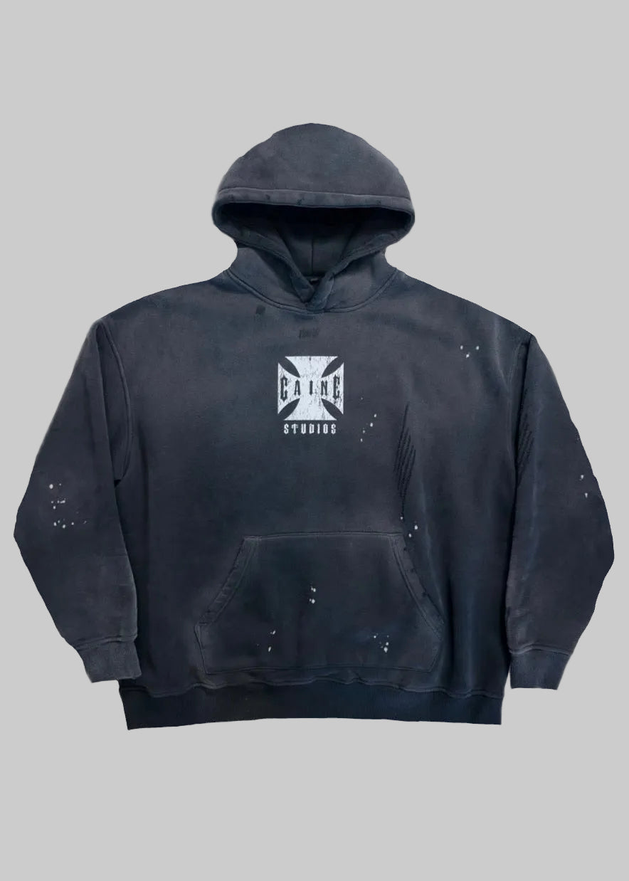 “CHOPPA” HOODIE IN DISTRESSED, FADED BLACK